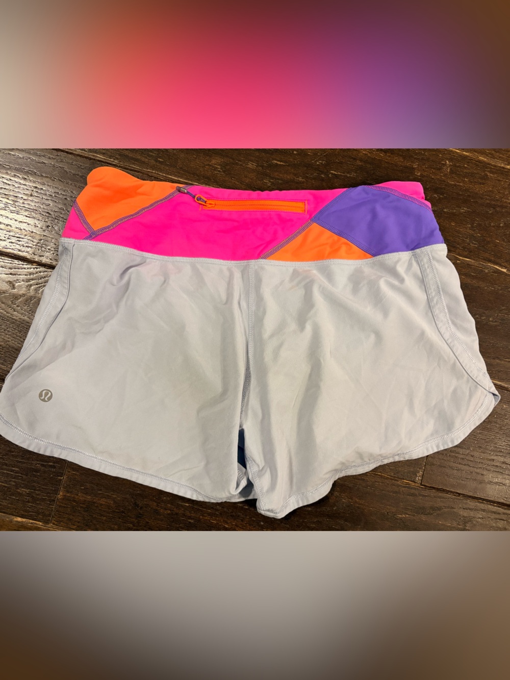 Lululemon Silver Athletic Shorts with Neon Pink, Orange & Purple Trim
